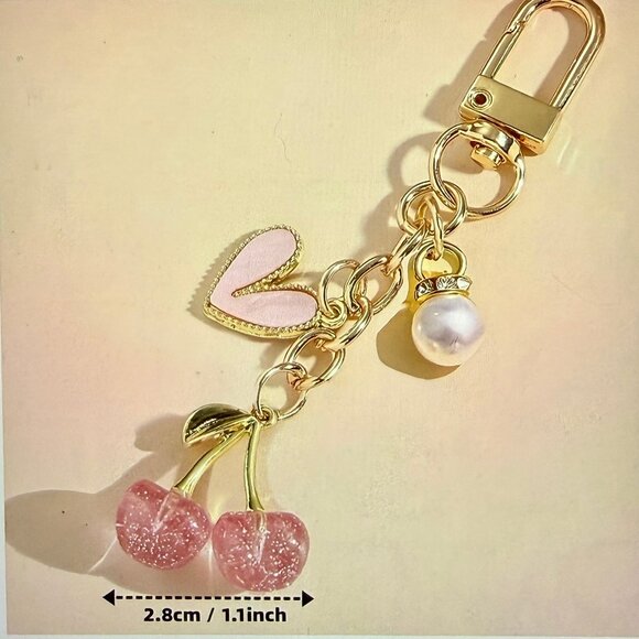 NEW Gold Tone Pink Cherries with 2 Hearts Keychain Bag Charm - Picture 5 of 5